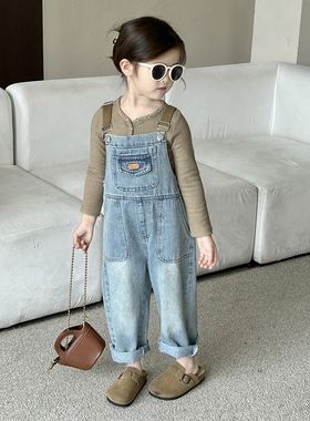 女童春款2024新款套装童装春装宝宝衣服打底衫复古做旧牛仔背带裤
