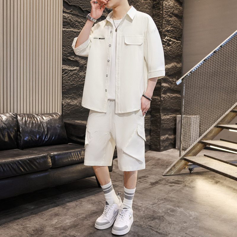 夏季短袖衬衫男冰丝套装宽松潮牌高级感潮流短裤薄款男装搭配一套,男装,休闲运动套装,淘宝优惠券,粉丝福利购,淘宝优惠卷