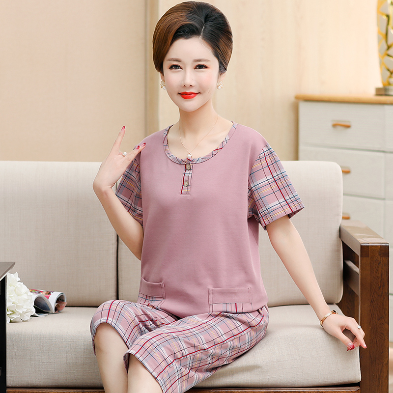 妈妈睡衣女夏纯棉短袖七分裤中年妇女薄款家居服夏季中老年人套装