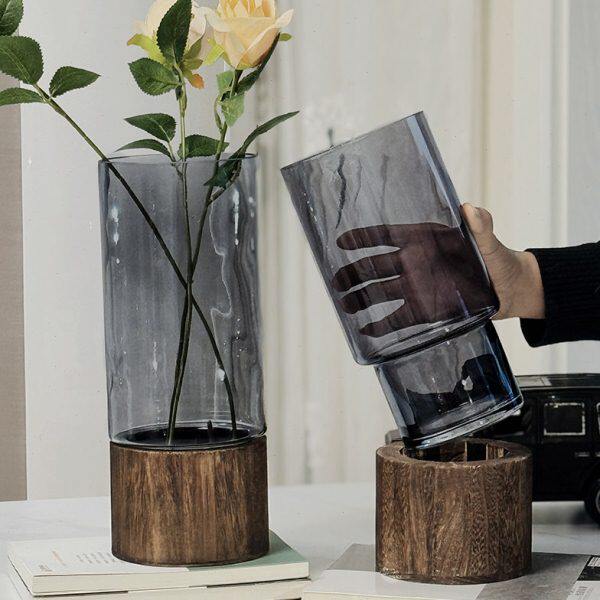 北欧轻奢玻璃花瓶摆件创意实木底托水培玫瑰鲜花餐桌客厅插花装饰