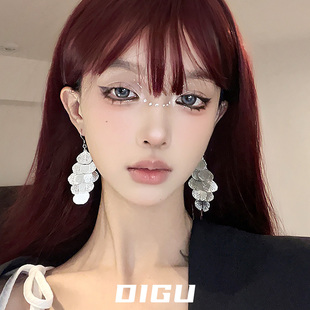 DIGU气质银色树叶流苏耳环个性高级感叶脉耳钩小众设计感耳坠耳饰