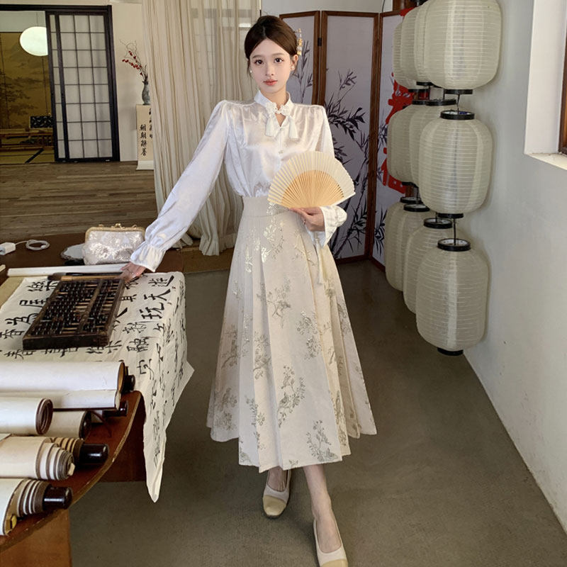 春新款新中式国风重工提花金丝马面裙+淡雅简约衬衫优雅御姐套装