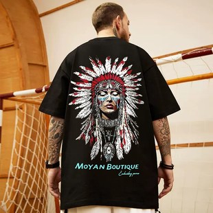 美式潮牌印第安人短袖T恤胖子男装宽松加肥加大码五分半袖上衣服