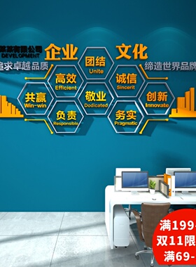 企业文化墙定制公司办公室会议室背景墙装饰团队激励3d立体壁贴纸