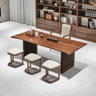 意式 极简大板茶桌北美黑胡桃木原木茶台茶室家具禅意实木泡茶桌子