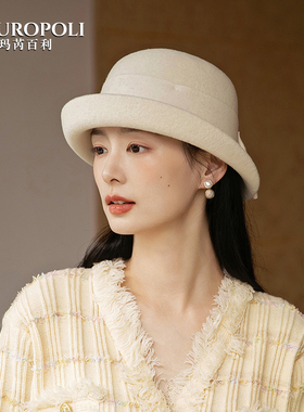 法式复古礼帽女秋冬白色优雅羊毛渔夫帽时尚新款女士卷边保暖毡帽