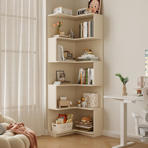 简约奶油风转角书柜置物架墙角多层书柜落地收纳架靠墙床头书柜