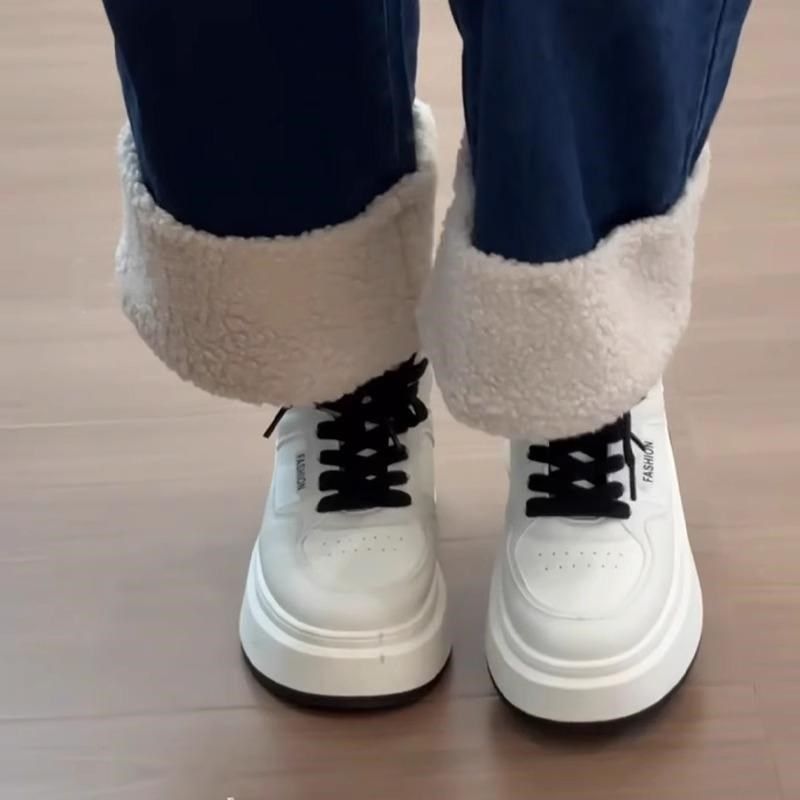 白色高帮鞋女冬新款厚底运动x鞋增高小白鞋加绒板鞋休闲圆头面包