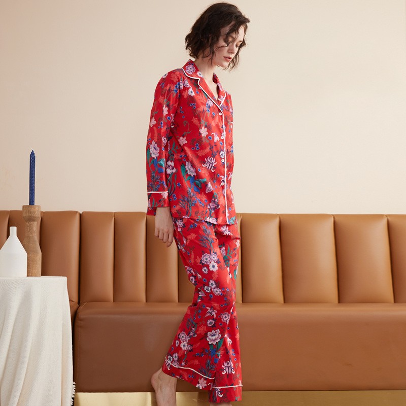 柔曼睡衣女秋冬红色印花长袖全棉国潮本命年睡衣结婚家居服套装