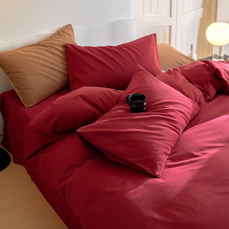 高级感红色婚庆秋冬保暖磨毛床上四件套纯棉简约床单被套1.8m床笠