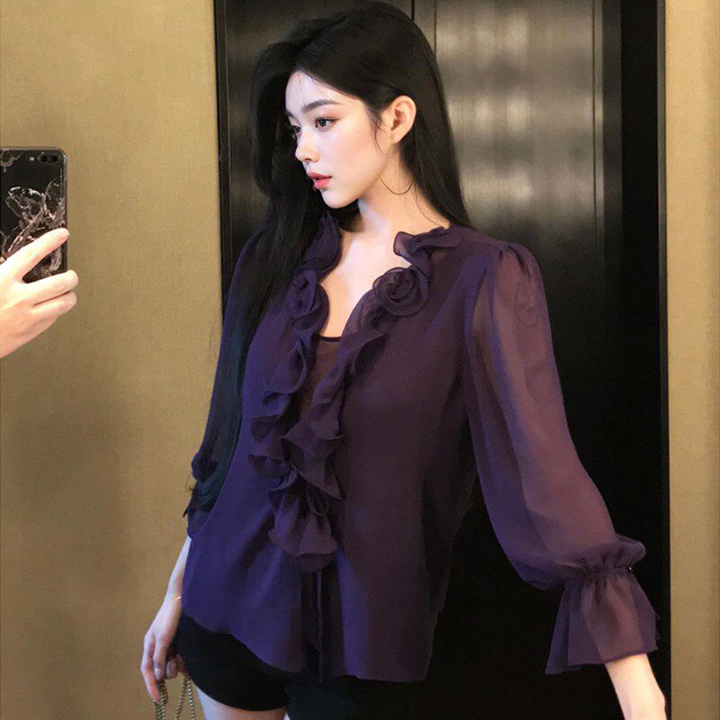 早秋法式荷叶边v领气质薄款长袖衬衫纯欲紫色设计感显瘦雪纺上衣
