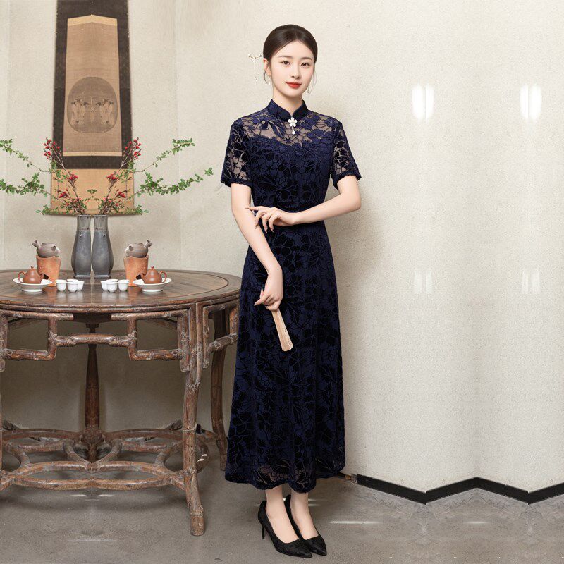 改良旗袍连衣裙春款遮肚子显瘦中老年女妈妈日常弹力礼服胖mm大码