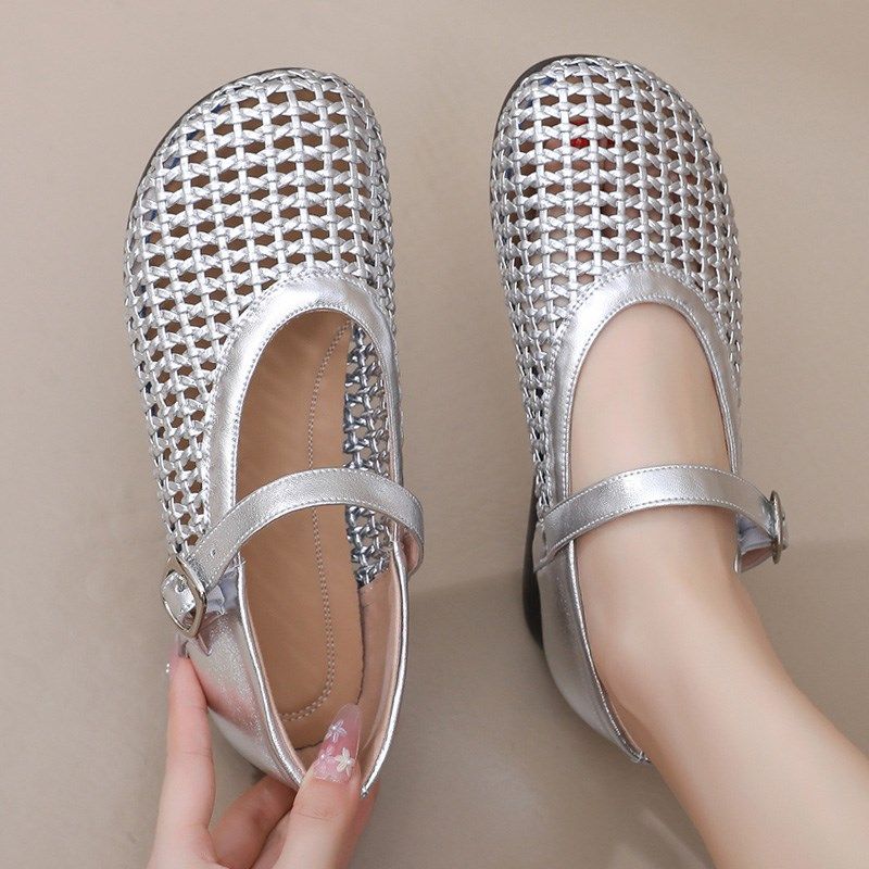 编织洞洞鞋真皮镂空单鞋一字带女鞋平底凉鞋女夏季网鞋大头妈妈鞋
