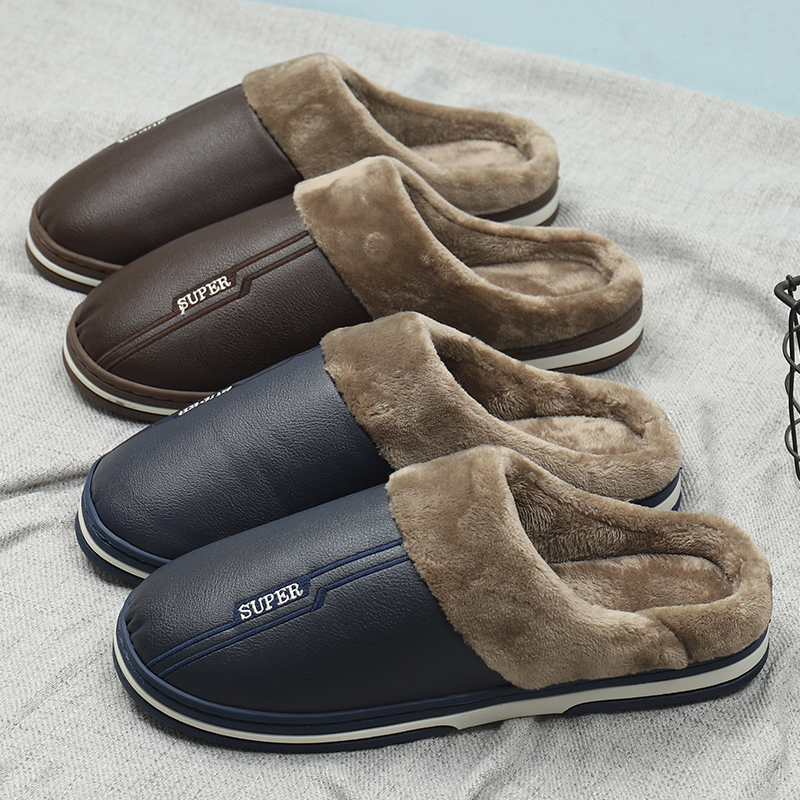 加大码棉拖鞋男秋冬季PU皮面防水耐脏居家防滑46加肥特大号47码48