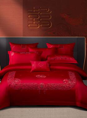 高端160支长绒棉贡缎刺绣提花红色结婚床上用品四件套全棉六件套