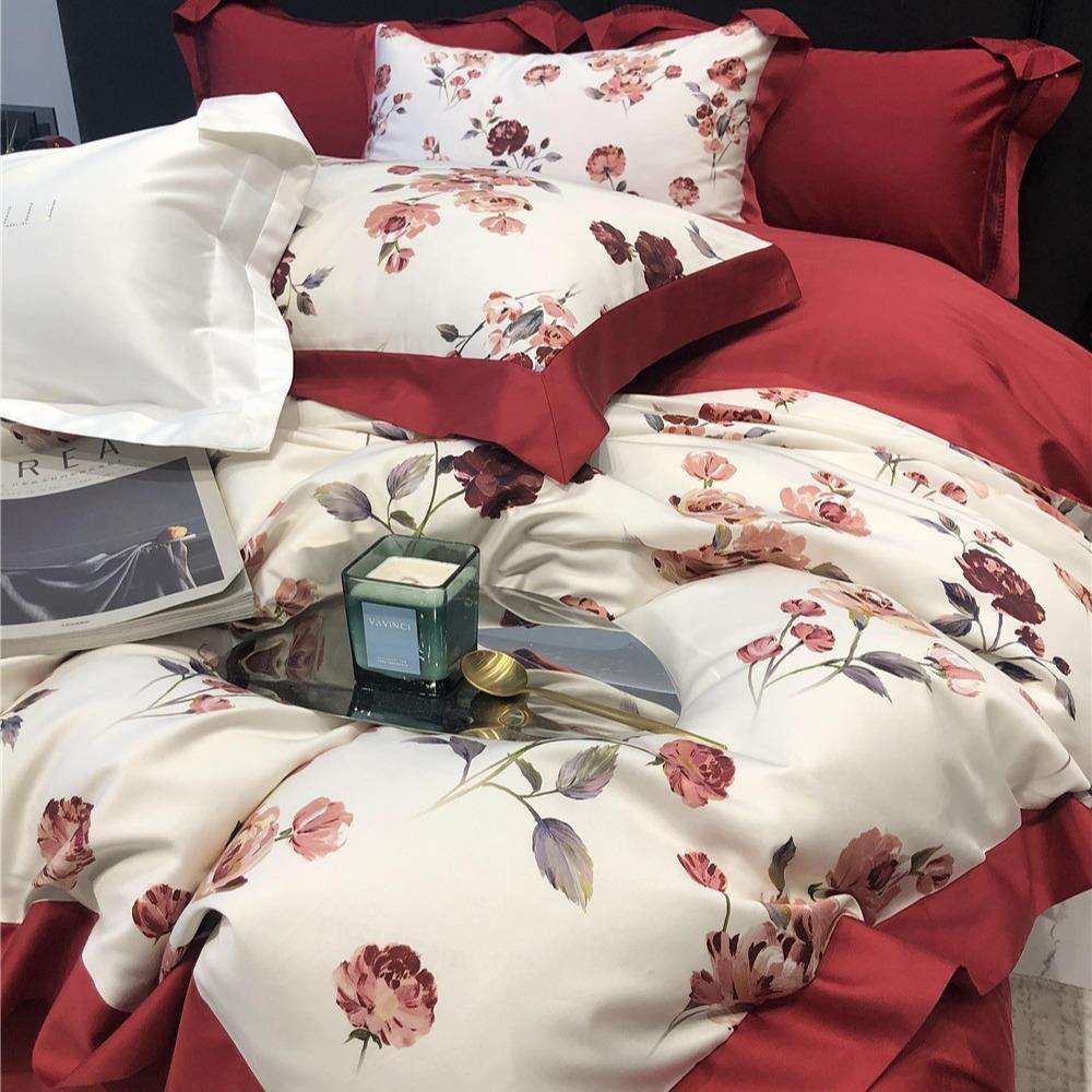 长绒棉数码印花婚庆四件套全棉结婚大红被套宽边1.8床品