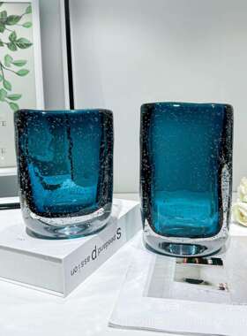 高档轻奢蓝色水晶气泡花瓶摆件客厅插花创意玻璃创意透明餐桌花瓶