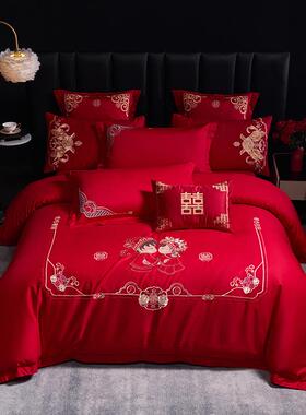 新中式婚庆全棉四件套婚礼床上用品红色结婚用被套床单婚房多件套
