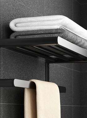 黑色毛巾架浴室卫生间置物架壁挂式太空铝轻奢风洗手间厕所收纳架