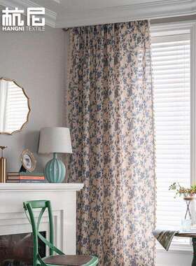 流苏蓝色花卉印花窗帘 美式遮光窗帘 客厅卧室家用跨境成品窗帘布