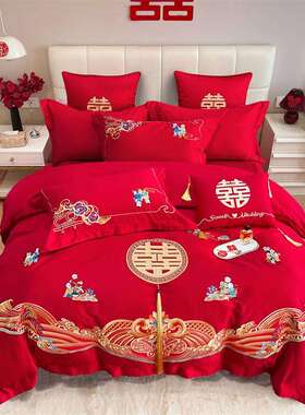 百子报喜红色四件套备婚床上用品结婚喜庆喜被1.8米双人磨毛被套