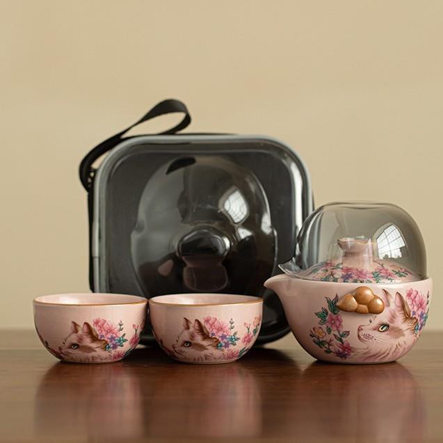 粉汝绮花灵猫旅行茶具一壶两杯茶壶茶杯公道杯便携式陶瓷快客杯