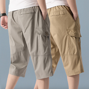 爸爸装 宽松大码 外穿夏季 纯棉休闲中裤 中年男士 子中老年短裤 七分裤