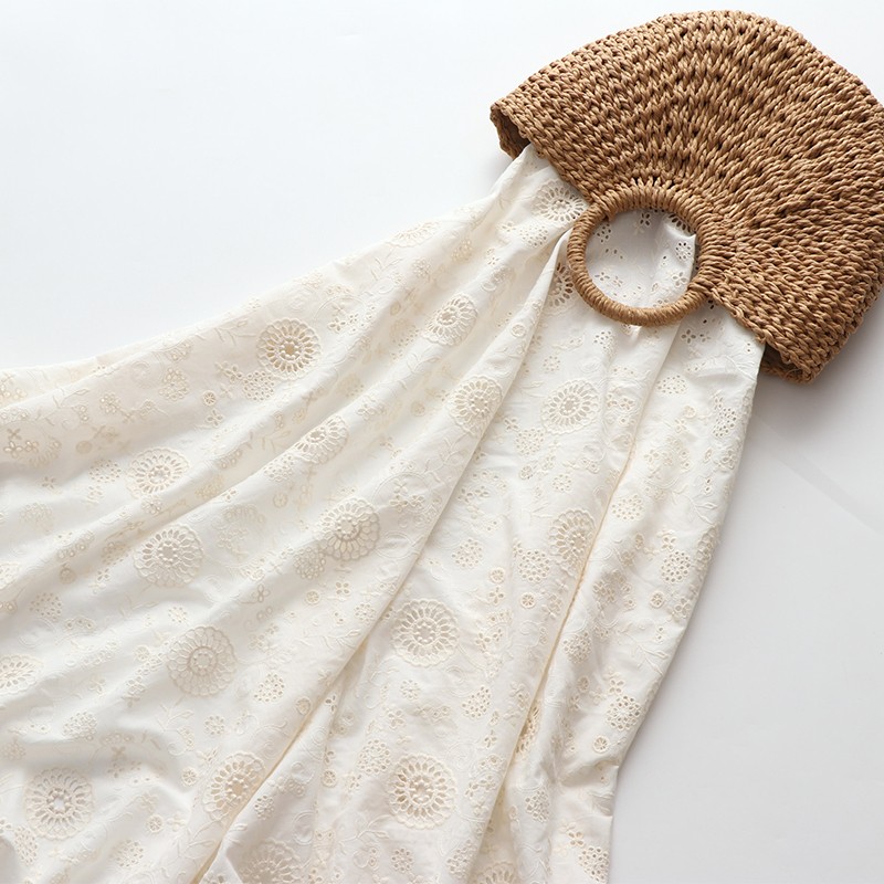 米白色纯棉镂空绣花布料碎花夏季轻薄女装礼服外套手工面料diy