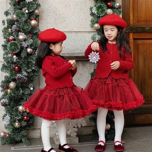 女童毛衣公主蓬蓬裙红色喜庆新年年衣圣诞节针织衫凸凸裙套装洋气