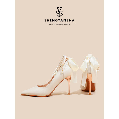 法式白色婚鞋新娘鞋细跟单鞋女伴娘鞋日常可穿高跟鞋配裙子婚鞋