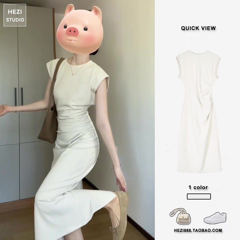 法式温柔风高级设计感小众褶皱收腰气质长裙修身小飞袖连衣裙女夏