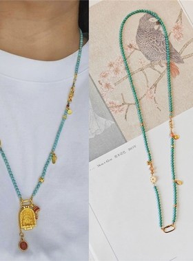 新中式仿绿松石项链多宝串珠毛衣链长款可拆卸挂绳项坠吊坠颈链