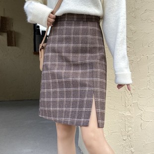 咖格子复古毛呢半身裙女短裙小个子中长裙高腰胖m大码 a字裙包臀裙