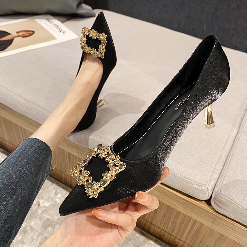 气质绸缎水钻高跟鞋黑色职业2025年春夏新款百搭浅口尖头细跟单鞋