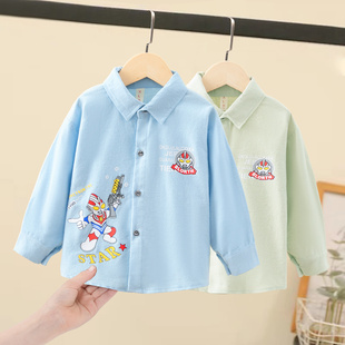男童纯棉衬衫春秋款儿童衬衣洋气长袖宝宝春装上衣蓝色卡通翻领潮