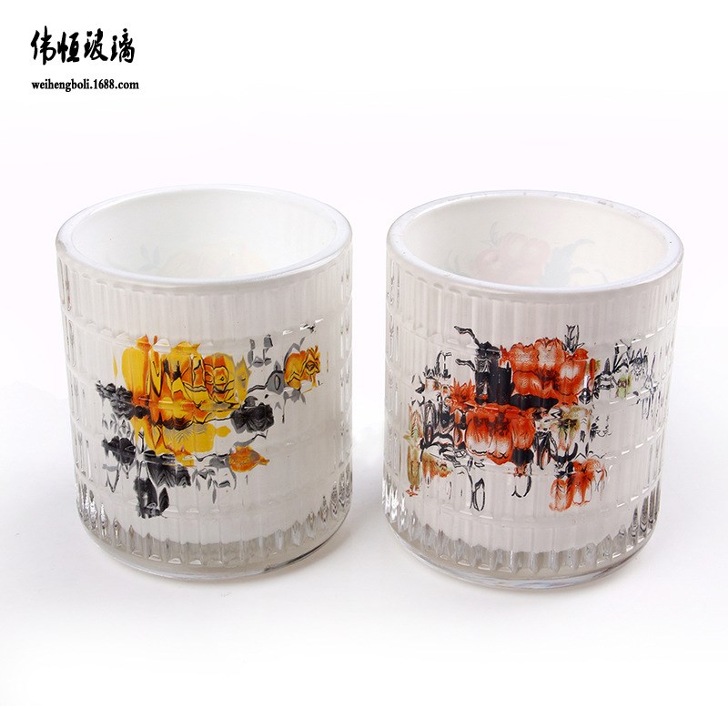玻璃烛台杯 贴花烘烤内喷涂 圆形条纹蜡烛杯 可开模定制