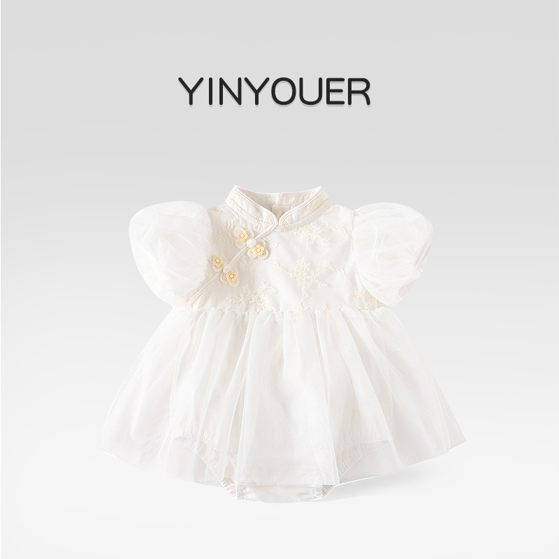 百天婴儿衣服夏季哈衣网纱公主裙满月周岁抓周礼服夏天白色包屁衣