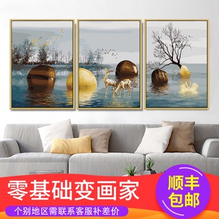 diy数字油画油彩画 三联三拼画手绘填色客厅人物风景花卉装饰画