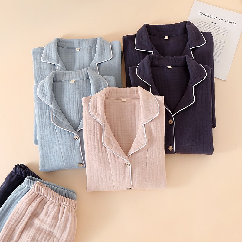 日系情侣春秋纯棉四层纱布睡衣长袖全棉开衫纯色加大码色织泡泡纱