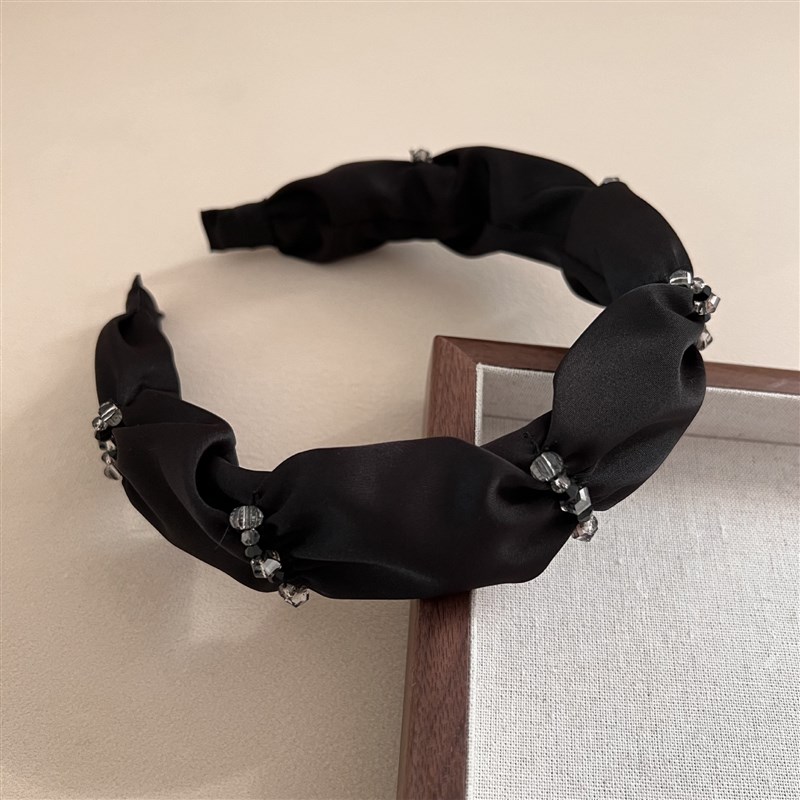 黑色高级感缎面珠珠宽边褶皱发箍女高颅顶气质压发发卡头箍头饰