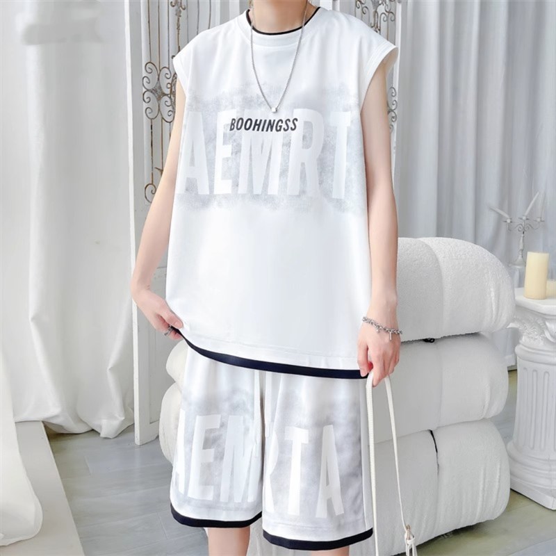 胖子夏季美式篮球服运动休闲套装男士宽松加肥加大码无袖短裤套装