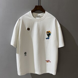 创意刺绣花男款白色t恤圆领短袖2023夏新款简约百搭高端宽松上衣