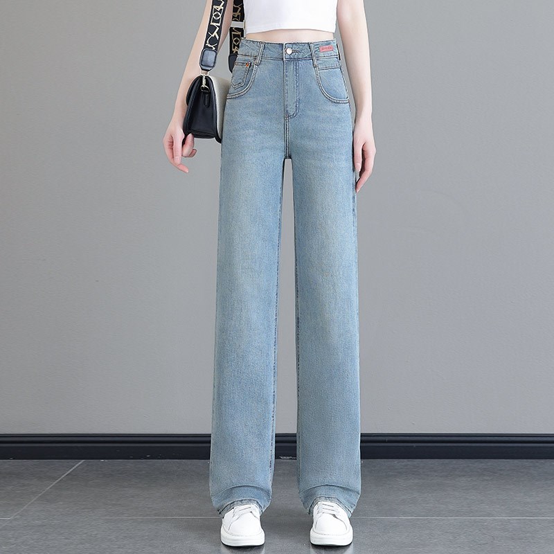 浅蓝色窄版阔腿牛仔裤女2025年春秋季新款高腰显瘦休闲刺绣直筒裤
