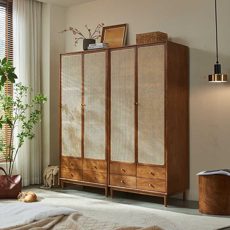 北欧实木藤编衣柜收纳储物柜简约现代复古橱柜民宿卧室双门衣帽柜