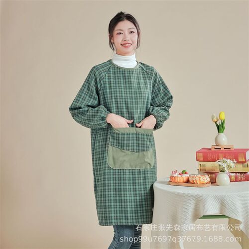 窗帘格子长袖涤棉厨房围裙大人可爱带袖罩衣女士防污工作服反穿衣