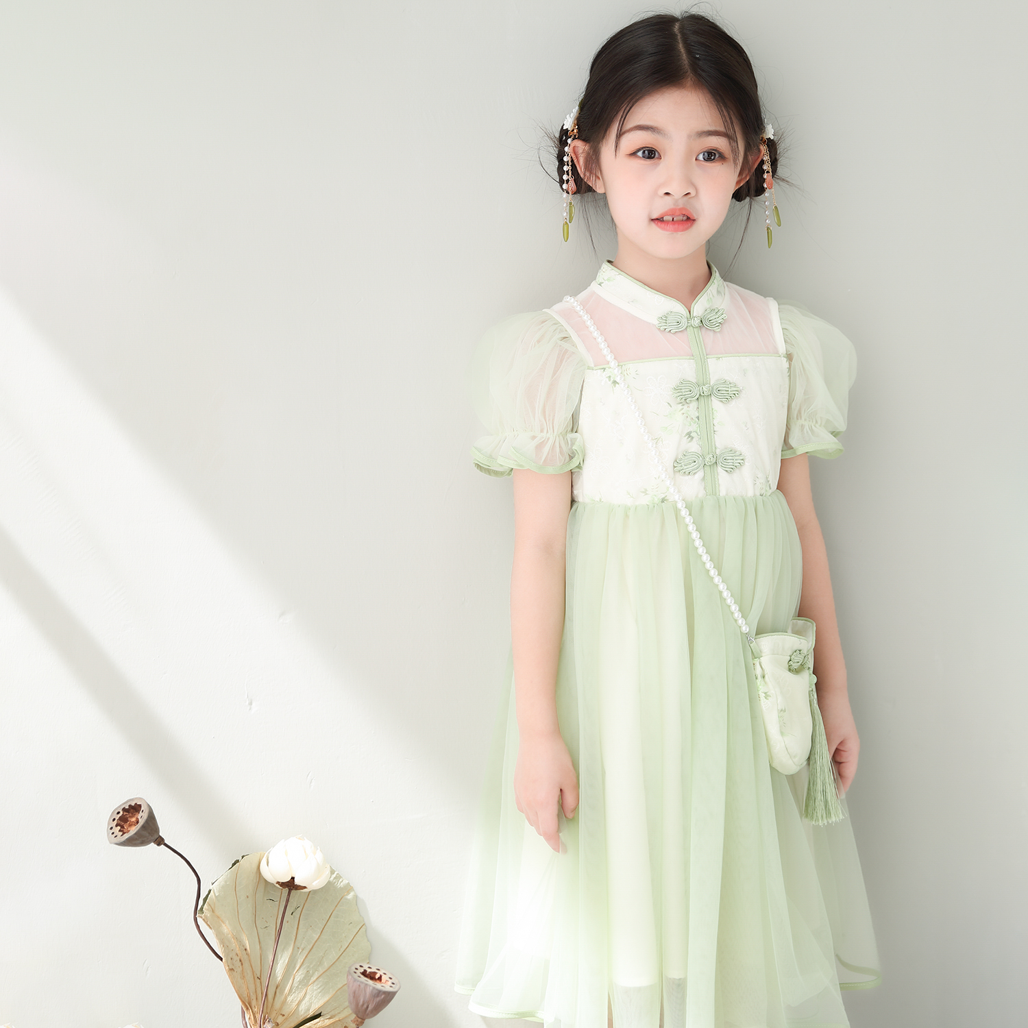 女童旗袍连衣裙2024夏季新款新中式裙子网纱公主裙碎花国风纱裙子