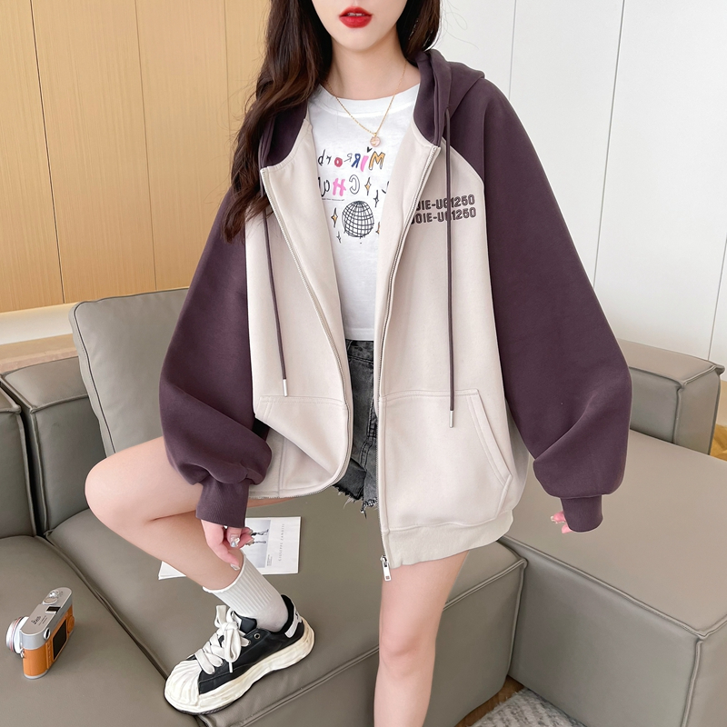 欧货大版插肩袖卫衣女加绒加厚秋冬款胖mm大码200斤开衫连帽外套