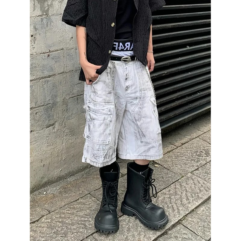 做脏立体多口袋工装牛仔短裤男款夏季美式高街小众水洗宽松五分裤