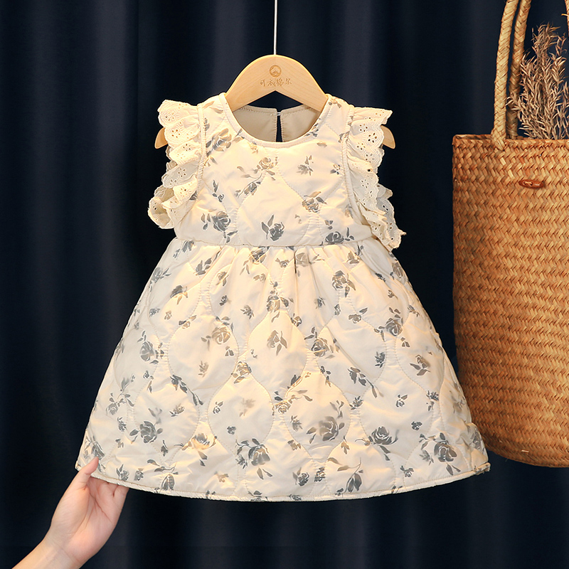 女童冬季连衣裙夹棉加厚2025新款法式碎花宝宝洋气时髦甜美公主裙