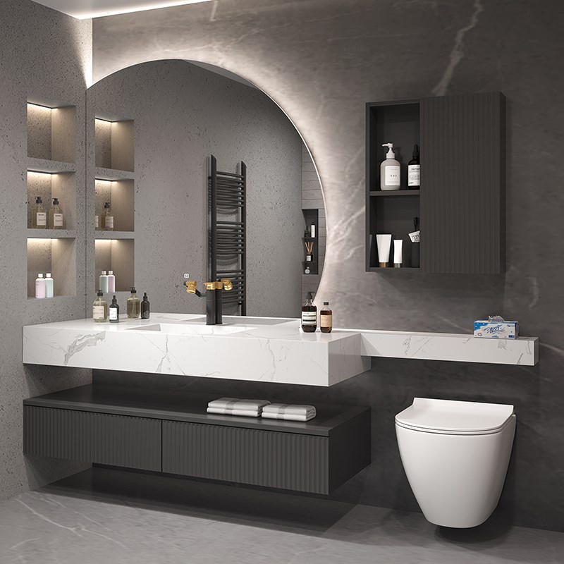 现代轻奢岩板浴室柜一体盆组合智能马桶延长卫生间洗漱台洗脸盆柜